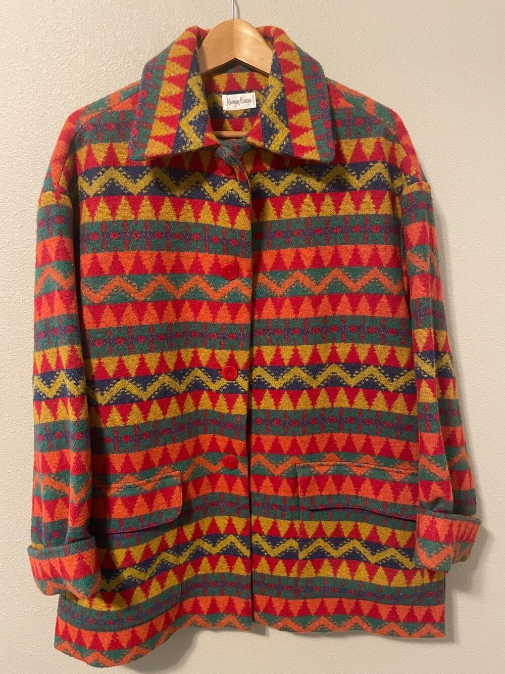 Vintage Neiman Marcus Blanket Jacket Women 10 Multicolor Wool Blend Southwestern